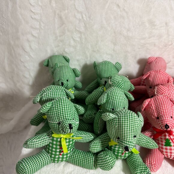 Set Of 24 Vintage Gingham Christmas Teddy Bear Ornaments Ribbon Bow & Embroidery - Picture 4 of 9